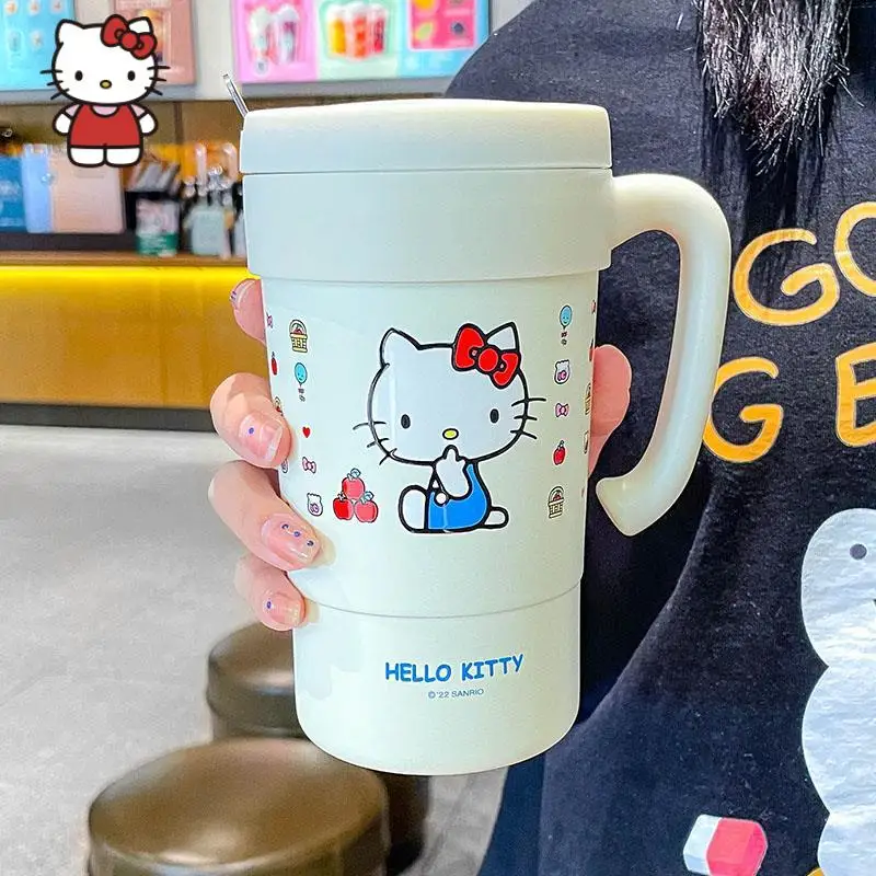 580Ml Kawaii Hello Kitty MINISO Water Cup Student Cartoon Portable Handle with Straw Insulation Cup Office Coffee Mug Girl Gift