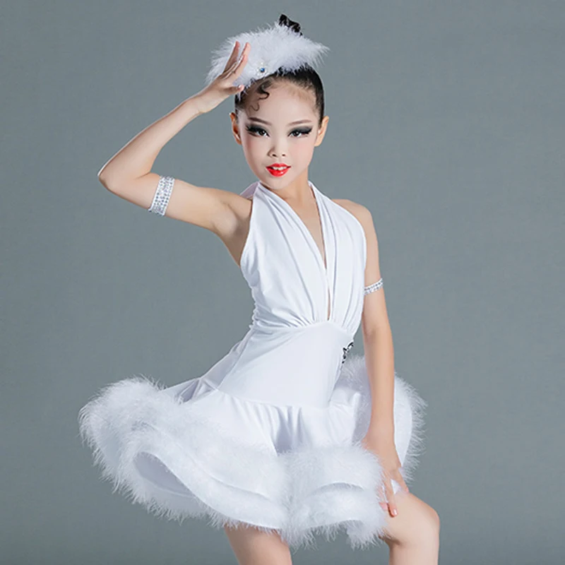New Kids Latin Dance Costume Girls Performance Clothes Red White Feather Dress Cha Cha Ballroom Dance Competition Dress BL7088