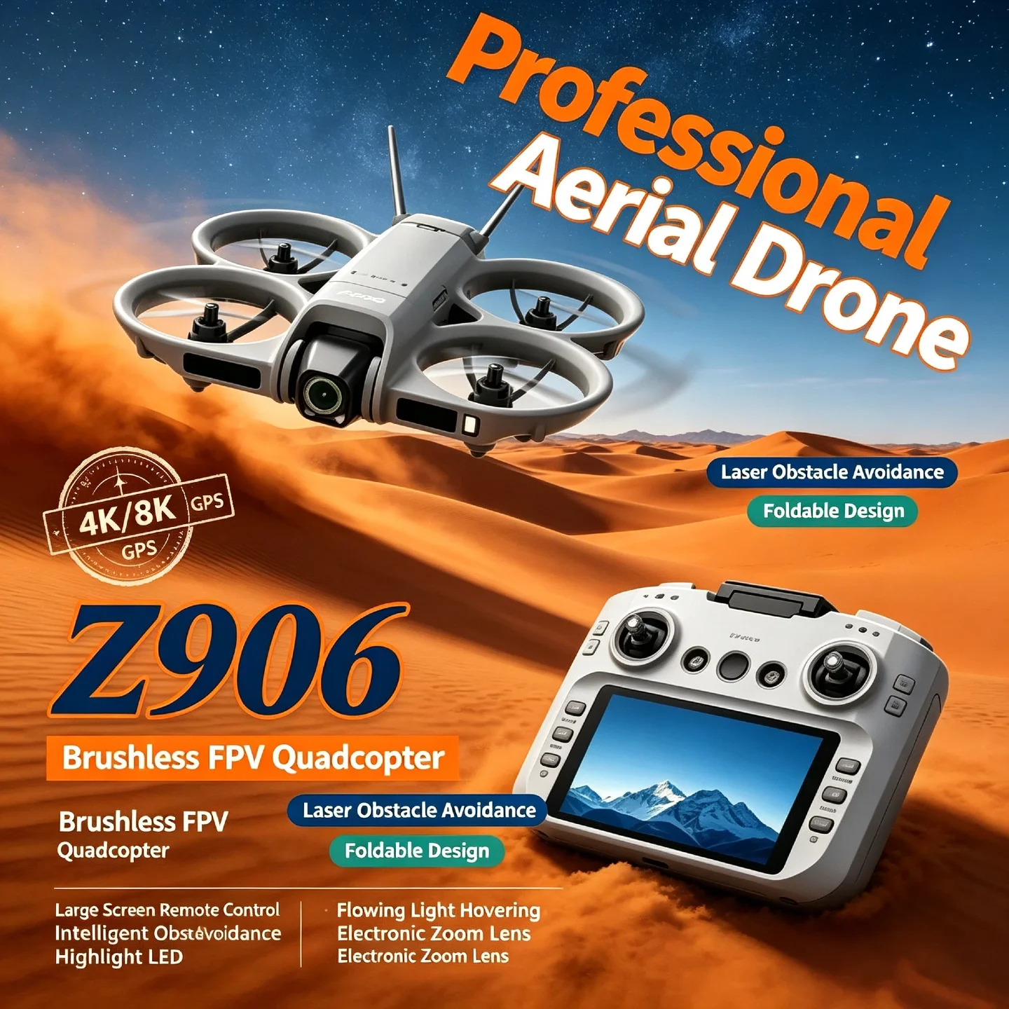 4K/8K HD Camera Z906 Professional GPS Drone – Brushless FPV Foldable Quadcopter with Laser Obstacle Avoidance for Aerial