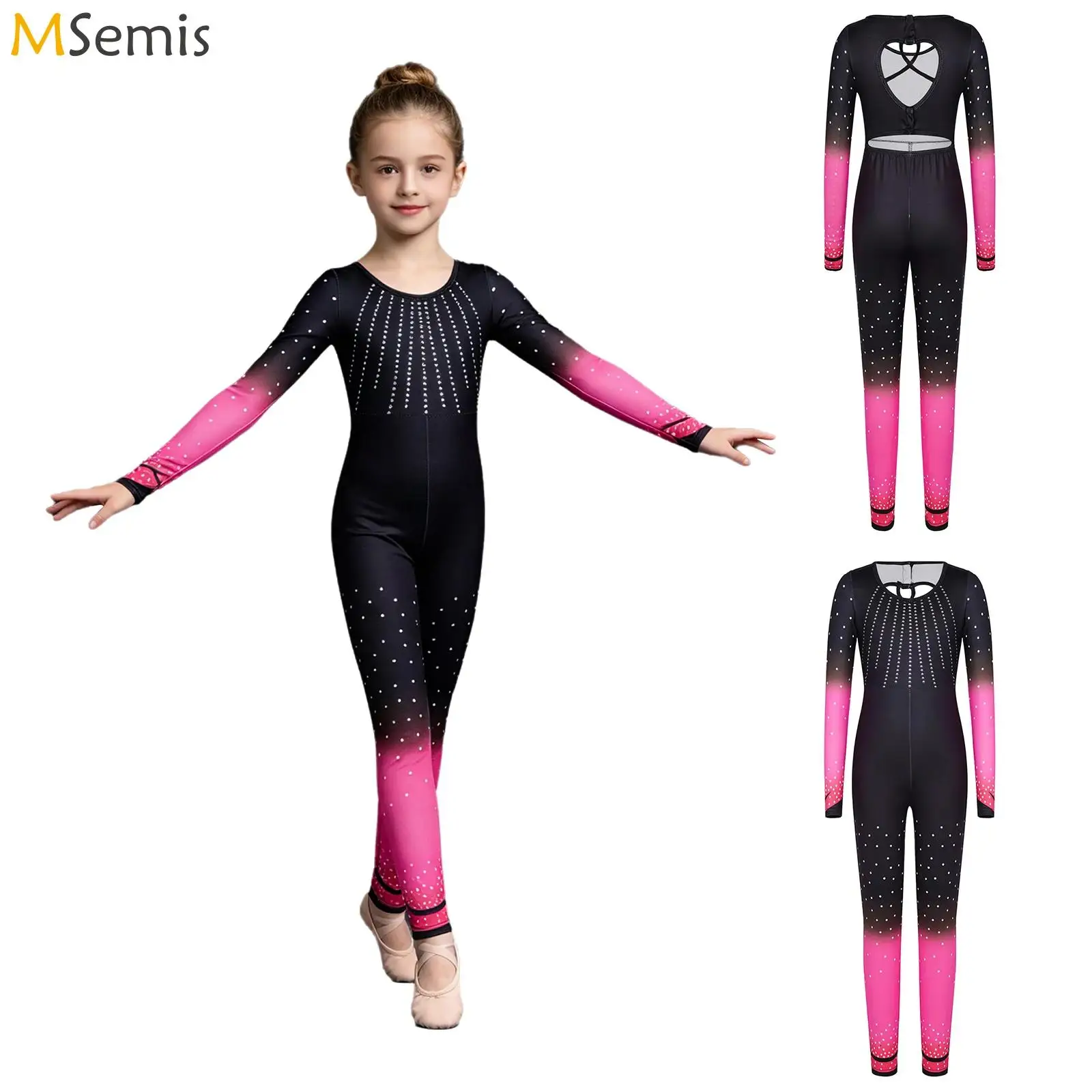 

Kids Girls Dots Print Gymnastics Ballet Leotards Dance Costume Long Sleeve Cutout Back Full Length Yoga Sports Bodysuit Jumpsuit