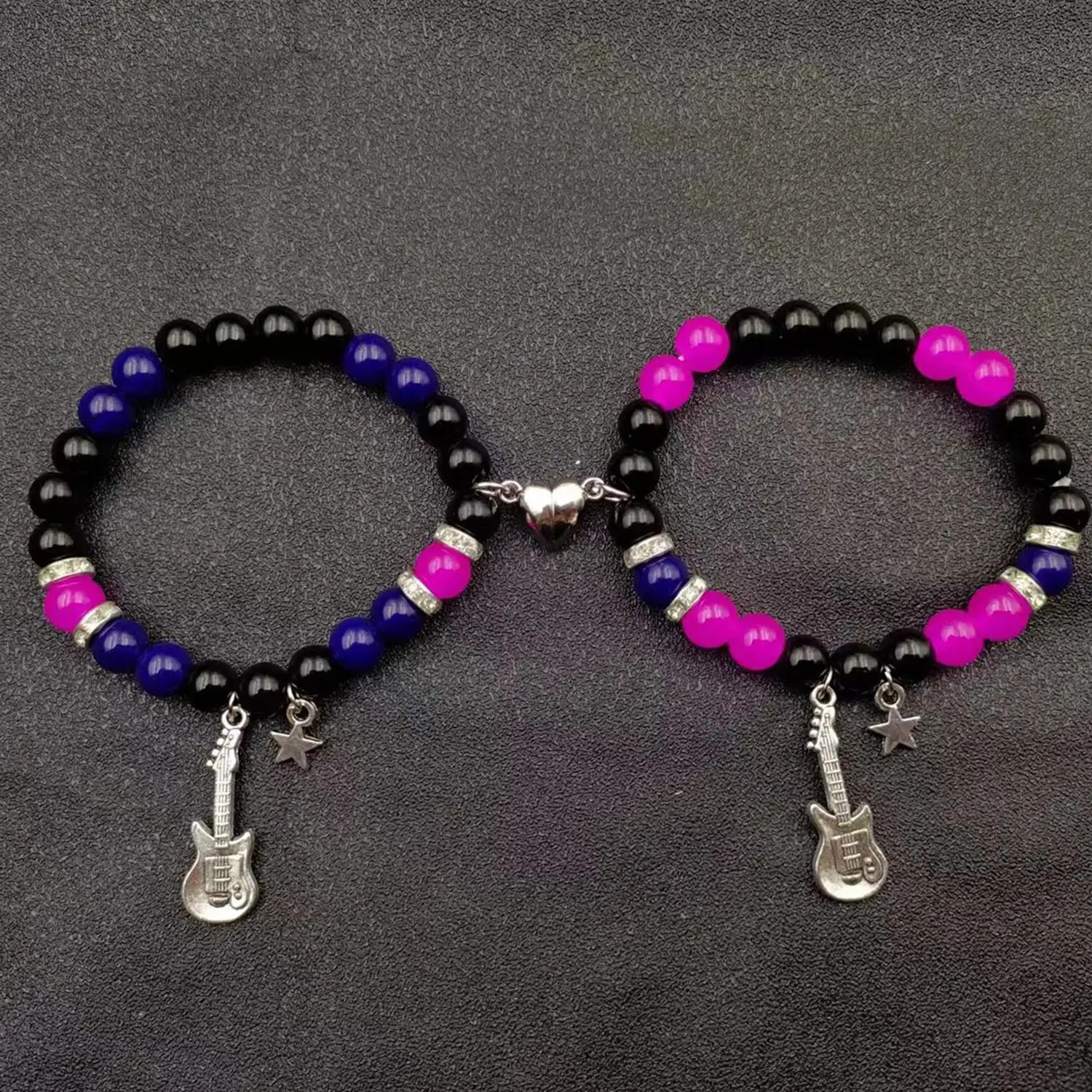 2 قطعة من الخرز الأزرق والأحمر قلادة الغيتار على شكل قلب أساور زوجين المغناطيس ، هدايا مجوهرات عصرية Bff #3