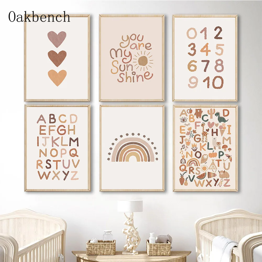 Boho Wall Art Alphabet Digital Table Canvas Poster Rainbow Print Pictures Heart Art Prints Nursery Posters Kids Girls Room Decor