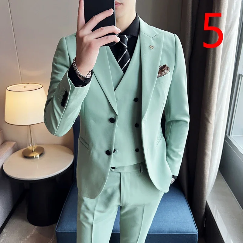 Traje de tres piezas para hombre, traje de negocios coreano ajustado de doble botón, color sólido, ligero, vestido de padrino de boda