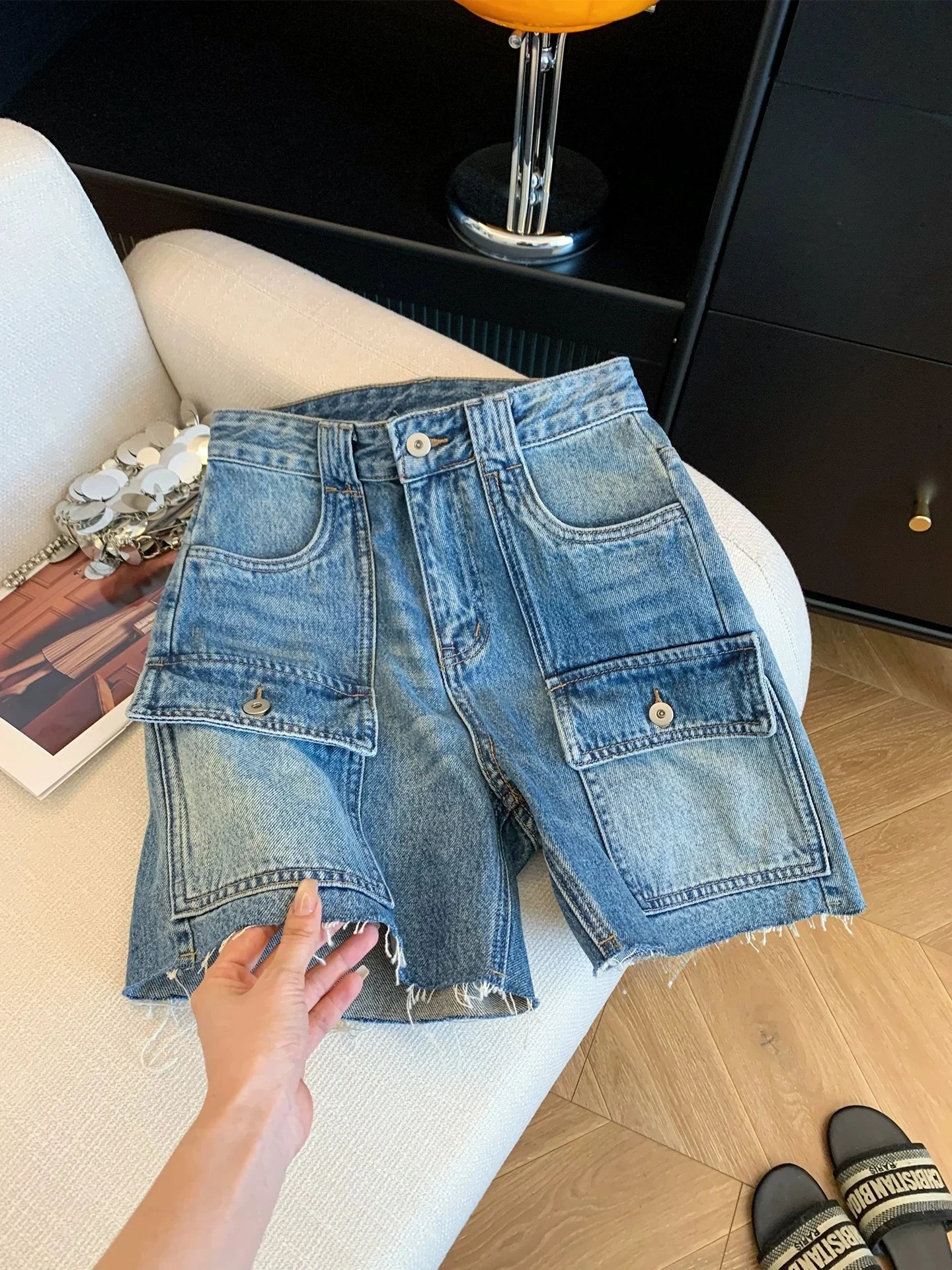 

Retro High Waist Blue Denim Workwear Shorts Women's Summer Thin Loose Slimming Hip Covering Straight Leg Fourths Pants