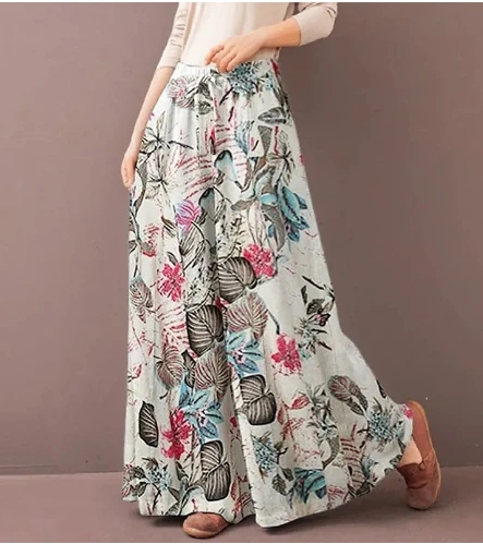 Women's Vacation Beach Trousers 2025 Spring Summer Latest Printed Pants Elastic Waist Casual Flower Wide Leg Pants Pants