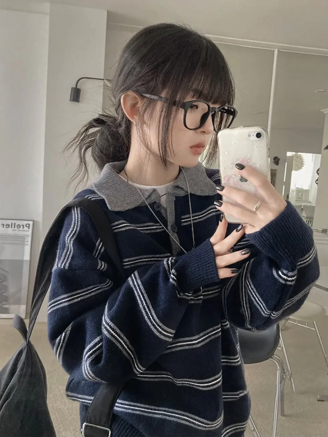 

Ретро-корейский вязаный свитер с длинными рукавами, повседневный свободный пуловер с полосатым воротником для молодых женщин, теплый осенний модный вариант