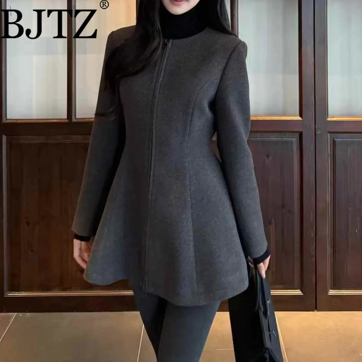 

BJTZ шерстяная куртка трапециевидной формы на молнии для женщин, осень-зима 2022, новое элегантное модное офисное женское пальто