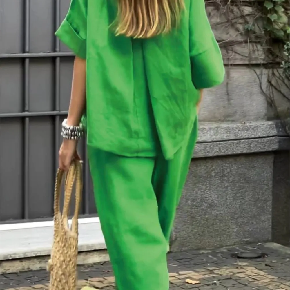 Conjunto de 2 piezas de algodón y lino para mujer, traje de camisa de manga de siete cuartos con cuello redondo, pantalones de Color sólido Retro