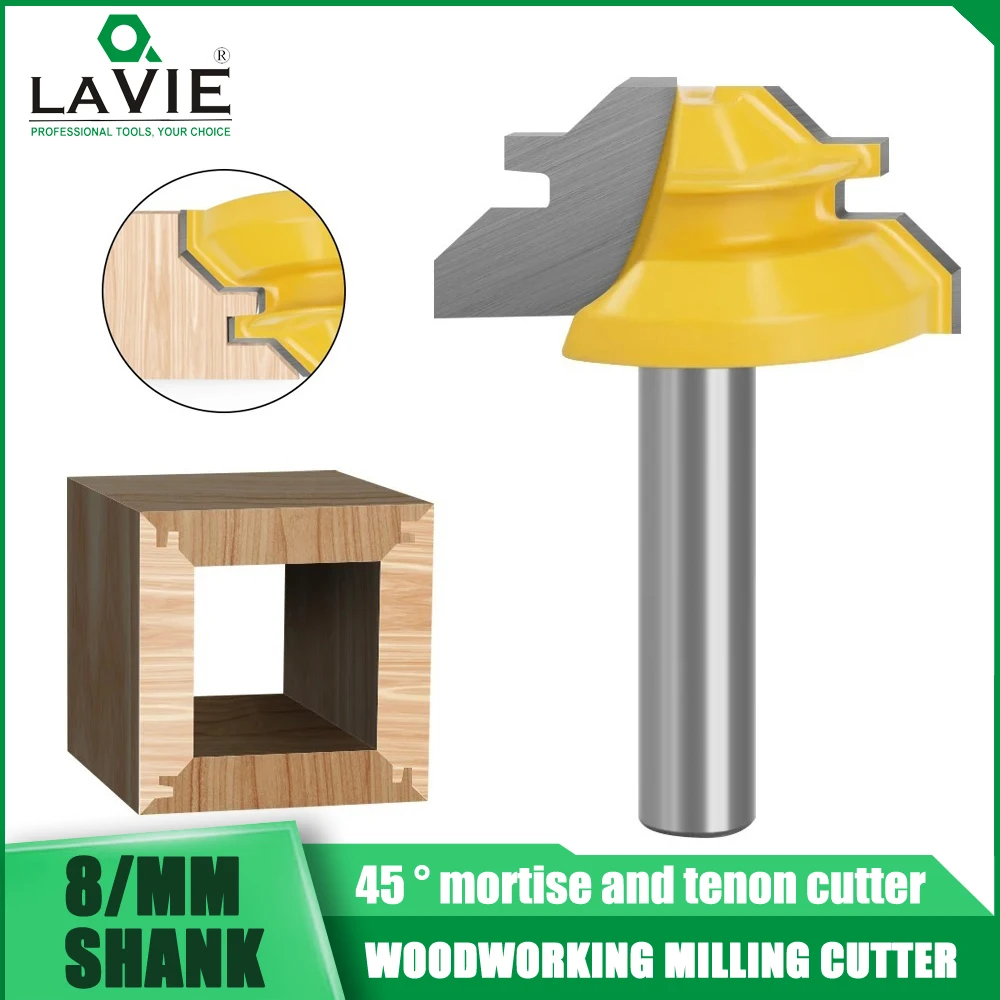 

LAVIE 1PC 8mm Shank 45°Lock Miter Router Bit Tenon Milling Cutter Woodworking Tool for Wood Tools Carbide Alloy Router Bit Фреза