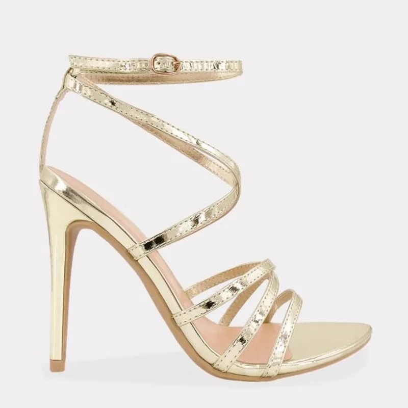 Gold Metallic Leather Strappy Sandals High Heels Pointed Toe Hollow Banquet Shoes Cross Straps Summer Shoes Drop Shipping