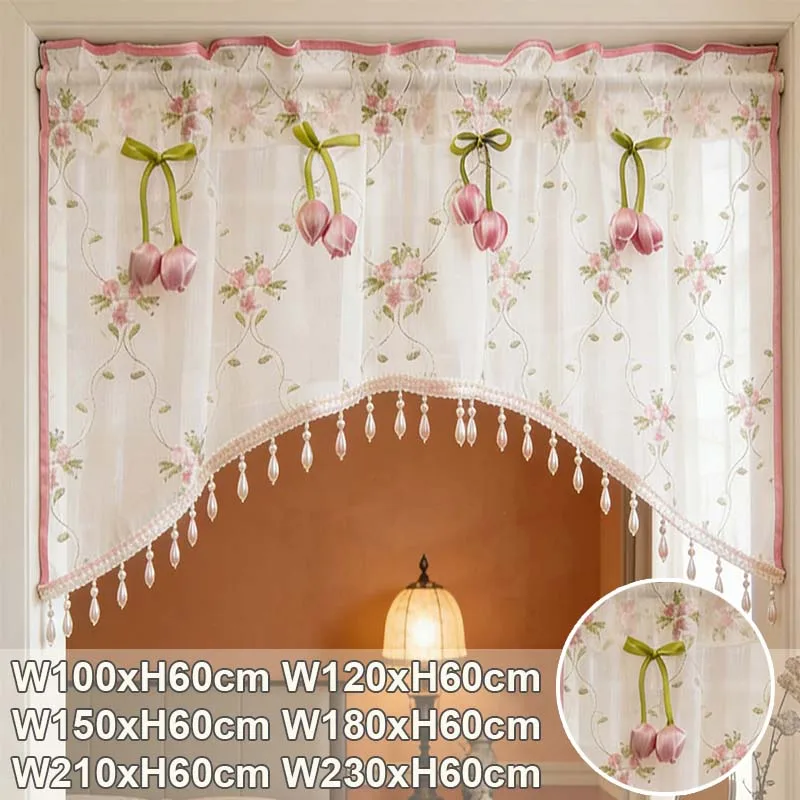 

1PC Vintage French Floral Sheer Curtain Pink Tulip Curtain with Beads Trim Privacy Short Curtain for Kitchen Bedroom Home Decor