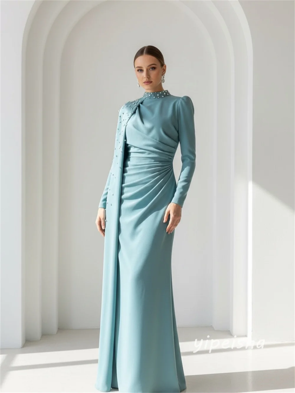 Sukienki wieczorowe dla kobiet, szyte na miarę, wykwintne, eleganckie, z dżerseju, zdobione perłami i kryształkami, drapowane, o kroju litery A, z wysokim kołnierzem, długie, modne.