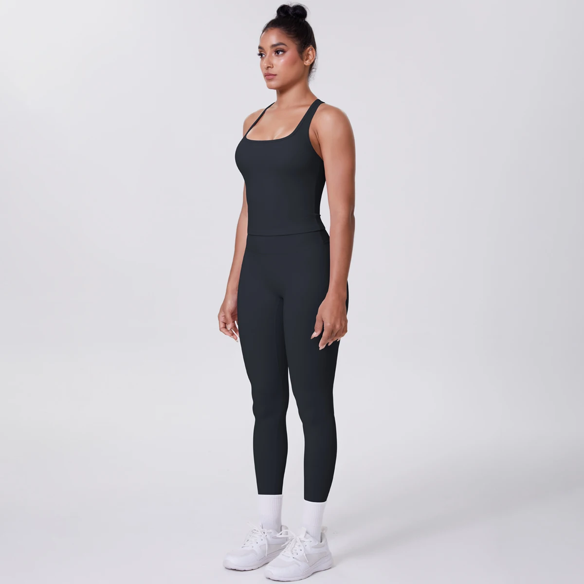 Hamidou 2-teiliges Damen-Yoga-Set, schnell trocknende, hüftformende Fitnesshose, Yoga-Leggings, einfarbig, Gym, schöner Rücken, I-förmige Weste – Detail 11