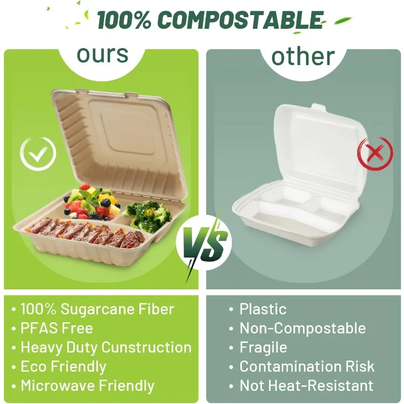 Compostable Clamshell Food Containers Sugar Cane Fibers, Eco-Friendly & Biodegradable.[9X6, 400-Pack]，home.