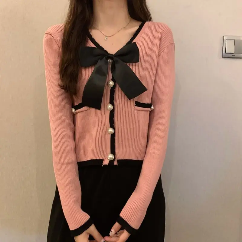 Sweet Streetwear Long Sleeve Knitted Sexy Sweet Women Cardigan Sexy Casual Bow Patchwork Single Breasted Ins Fashion Korean Top