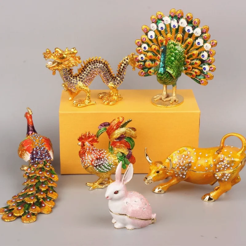 Enamel Color Craft Open Screen Peacock Lucky Rooster Chicken Little Rabbit Alloy Jewelry Box