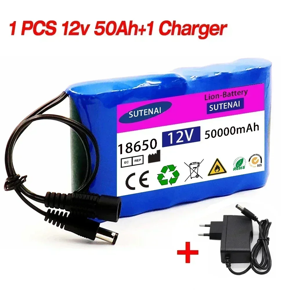 Air transport 12v 50Ah 50000mAh 18650 Rechargeable batteries 12.6V PCB Lithium Battery pack Protection Board +12.6V 1A Charger