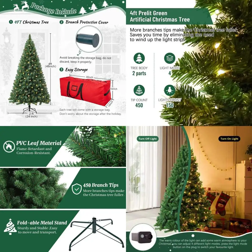 

4-Foot Green Lit Premium Spruce Christmas Tree with 450 Tips, 150 Warm Lights, Foldable Stand