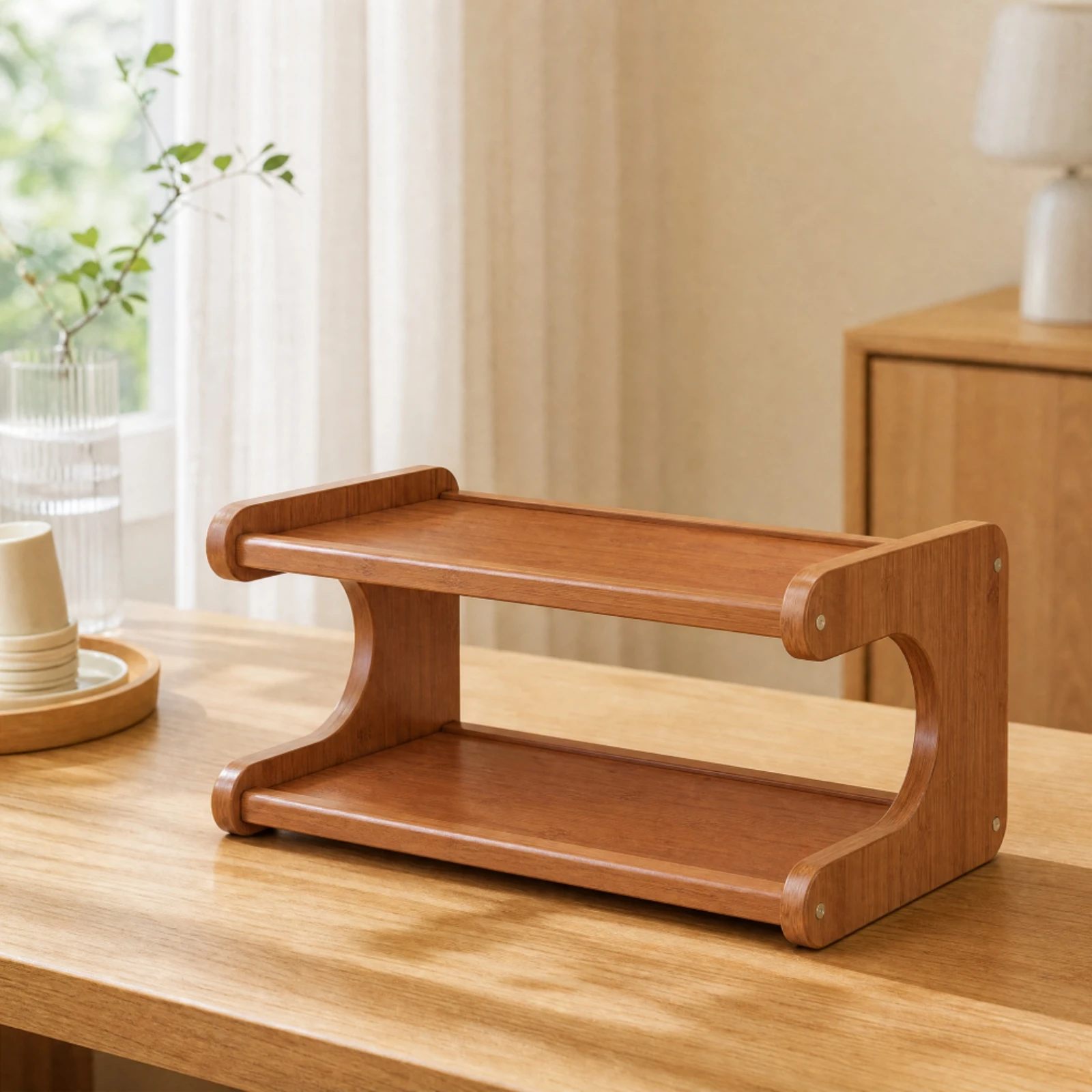 Tabletop Shelf Unit Compact Freestanding Desktop Storage Rack Wood-Look Desktop Storage Rack Movable for Kitchen, Office