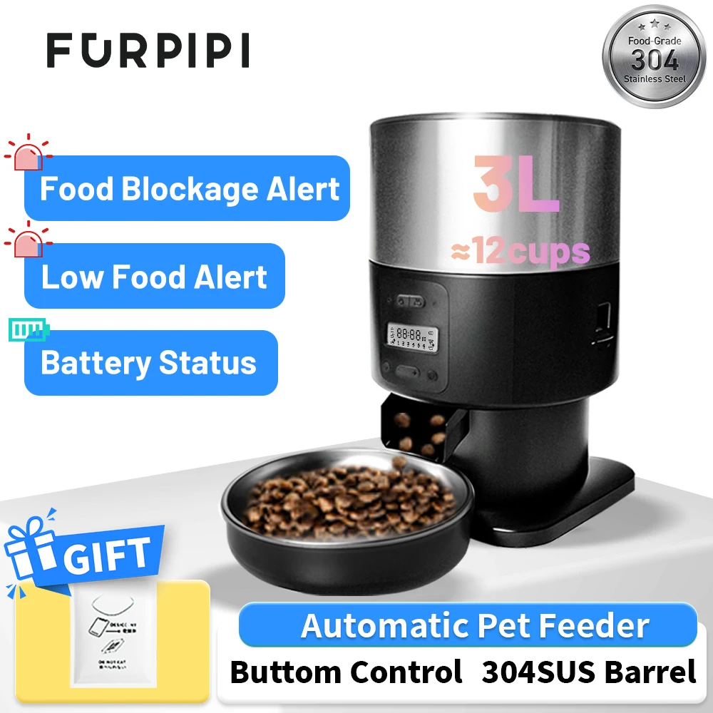 

Cat Automatic feeder with SUS Barrel Furpipi Bottom Control Low Food Struck Sensor Programmable Portion Timed Cat Food Dispenser