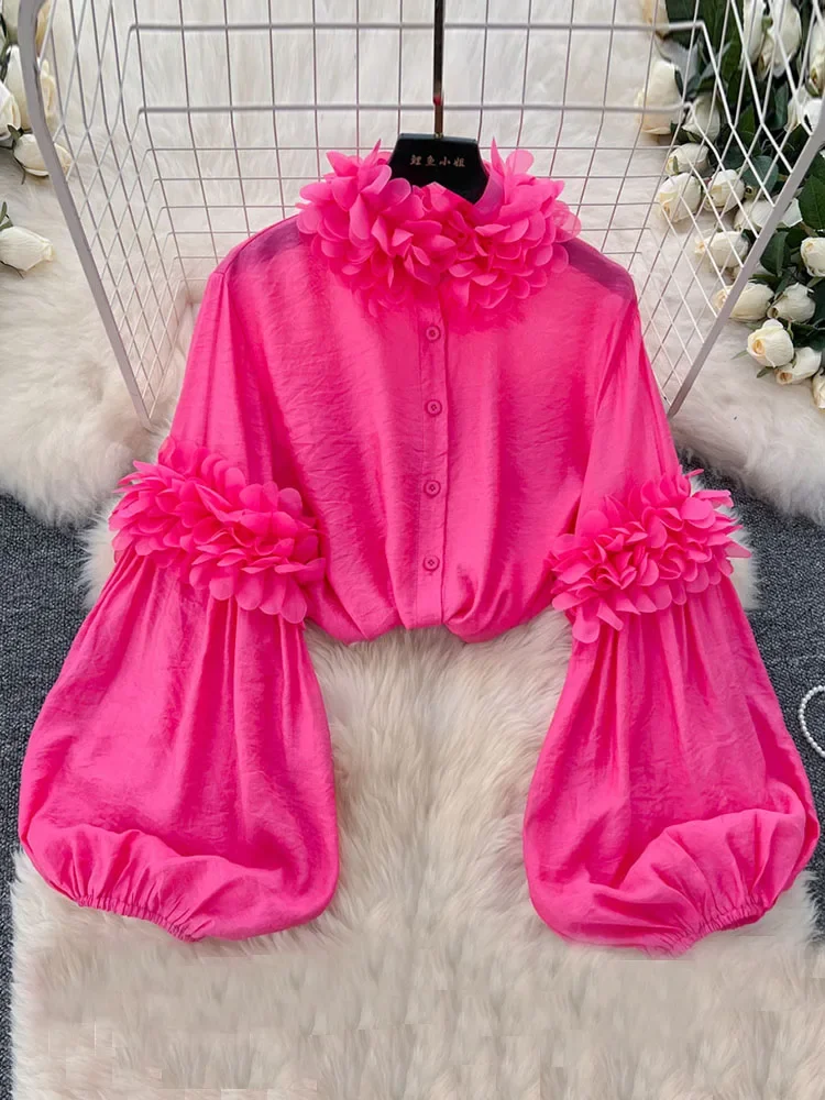 Bubble Sleeve Tuxedo Shirts for Women in Spring Autumn Sweet Three-dimensional Floral Temperament Trendy Blouse Top C126