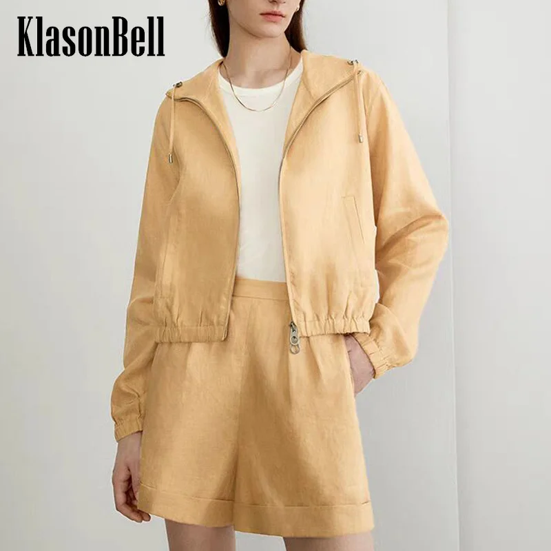 

8.29 KlasonBell Women Clothes Fashion All-matches Hooded Zipper Jacket Or Side Pocket Roll-up Shorts Linen Set