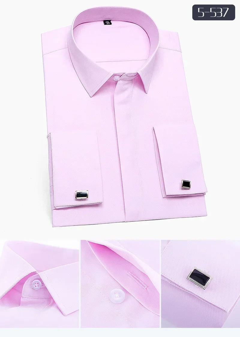 Quality Wedding Formal  Luxury Men's French Cuffs Dress Shirts Pocket Long-Sleeve Button Slim Fit Tuxedo Shirt Cufflinks