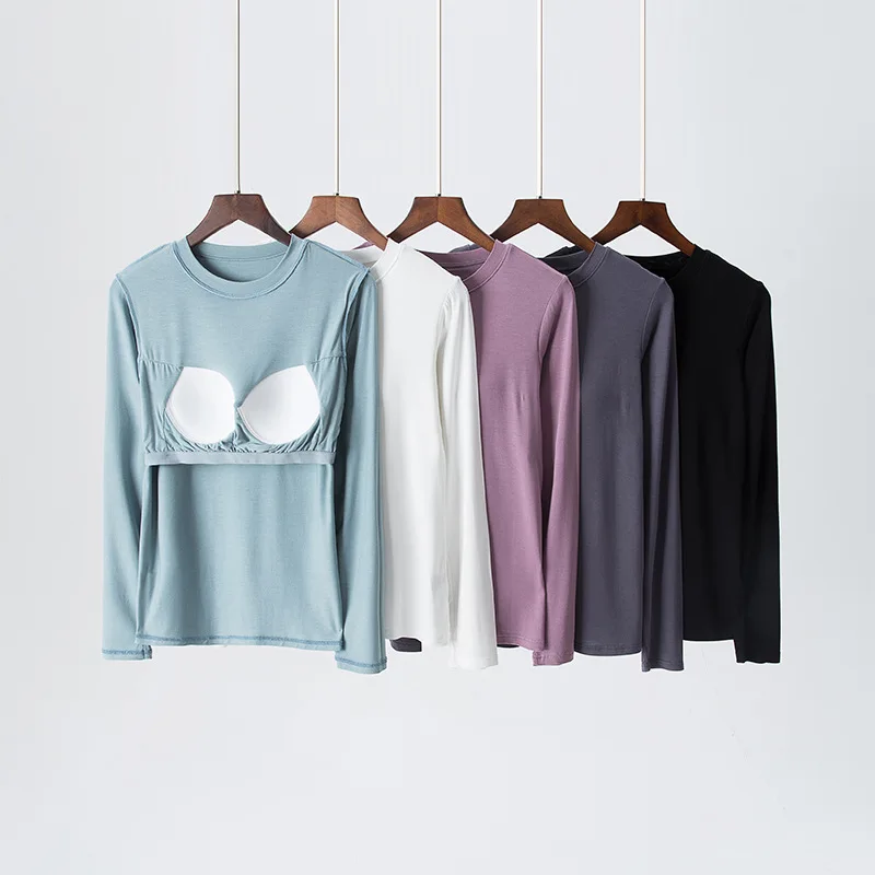 Primavera y otoño nuevos pijamas de mujer tops cuello redondo modal con almohadillas para el pecho camisetas de manga larga camisas de fondo ropa de