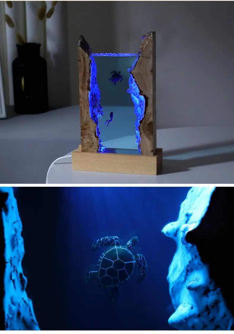 

8-inch Creative Home Turtle Diver Solid Wood Resin Night Light Office Desktop Decoration High-end Holiday Gift