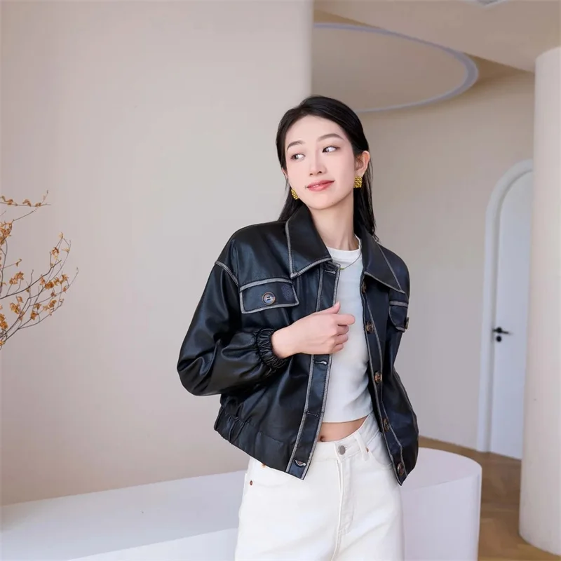 Spring Autumn Fashion PU Leather Coat New 2026 Short Motorcycle Coat Korean Leather Women Jacket Tops Female Outerwear