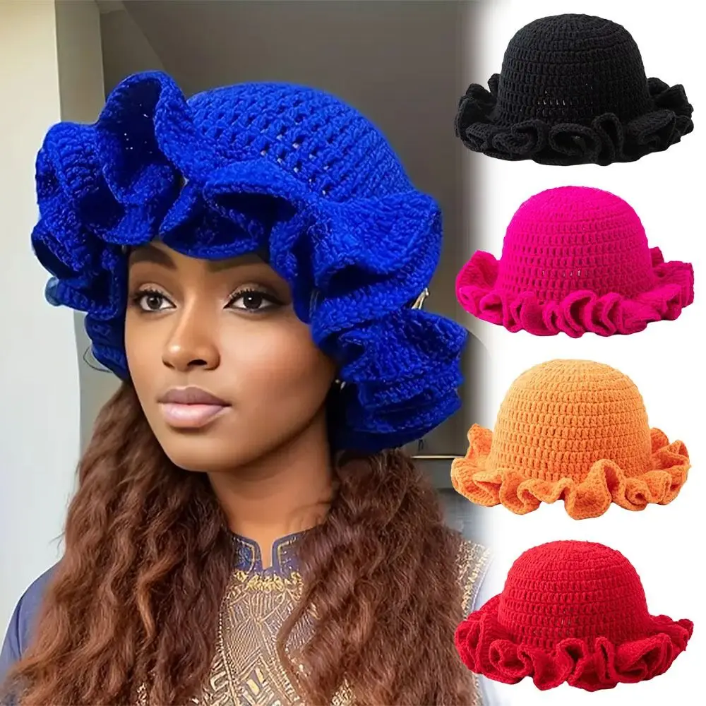 Fashion Crochet Knit Ruffle Hat Floppy Warm Women Bucket Hat Fisherman Cap
