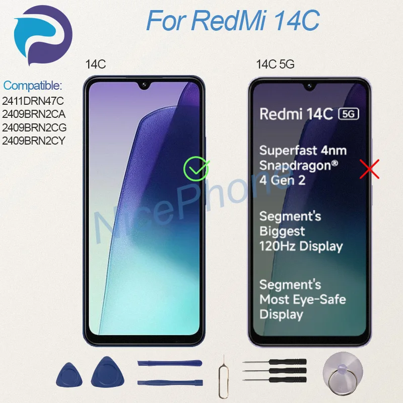 Test Before Ship For RedMi 14C Display Touch Screen Digitizer Panel Assembly Lcd Screen 2411DRN47C, 2409BRN2CA/CG/CY 14C Screen