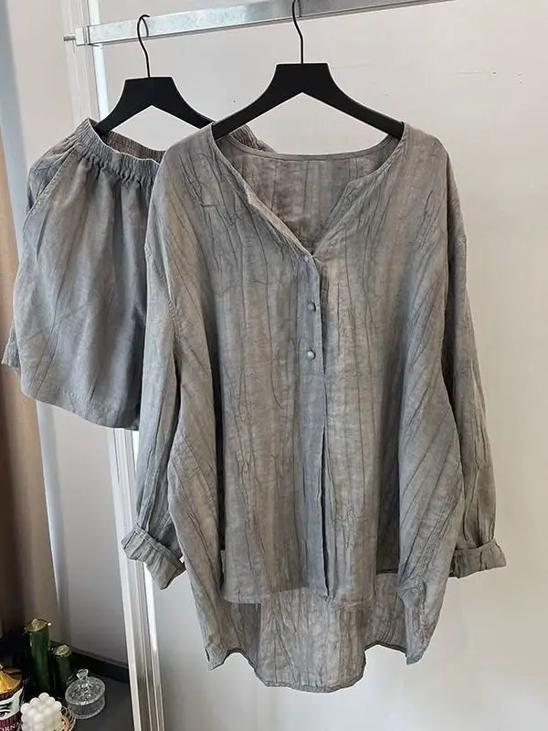 Authentisches Baumwoll-Leinen irt ort Sle ey Zweiteiliges Set mit elastischer Taille, Sommer-Faion-Damenbekleidung, lang, Sve Orts