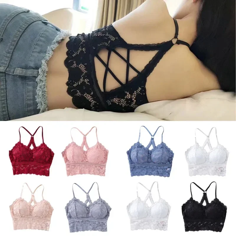 Women White Crop Tops Lace Print Camisole Sexy Hollow Backless Bra Removable Chest Pad Bralette Solid Beauty Back Tank Top