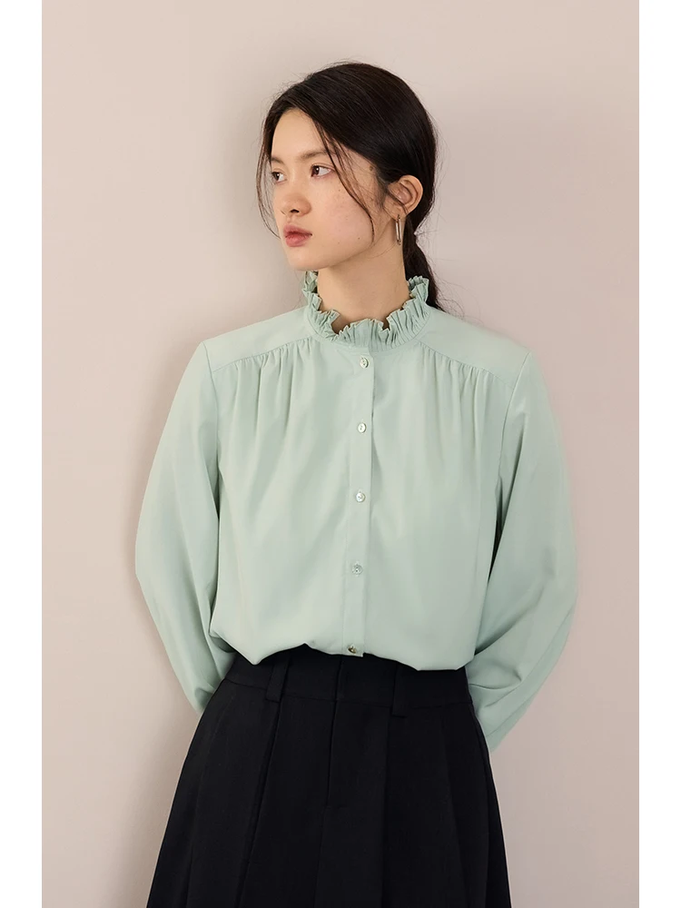 ZIQIAO Stand Collar Women Elegant Solid Long Sleeve Shirts Wood Ear Side Neckline Design Autumn Blouses Female Polyester Shirt