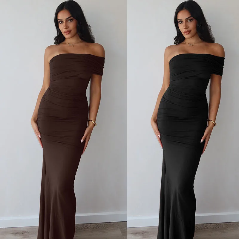 Französisches Romantisches Langes Kleid Figurbetontes Rückenfreies Einschultriges Kleid mit Schlitz Einfarbig Elegant Sexy Wickelkleid mit Hoher Taille