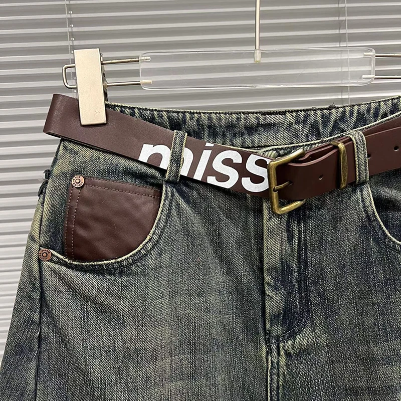 KBQ موضة نمط تقسم أحزمة فضفاضة شيك السراويل للنساء عالية الخصر المرقعة جيوب شيك بنطلون أنثى الاسلوب المناسب الشتاء