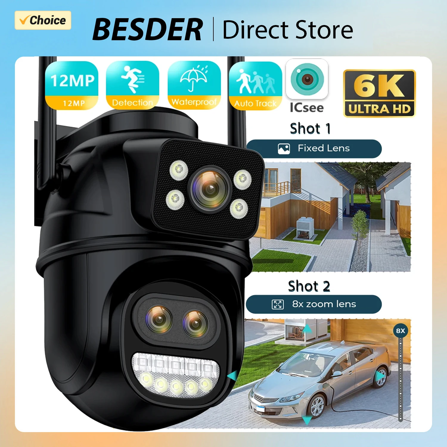 

BESDER 6K 12MP Wifi камера PTZ 8X оптический зум три объектива двойной экран видеонаблюдения 8MP двойной объектив CCTV IP-камера