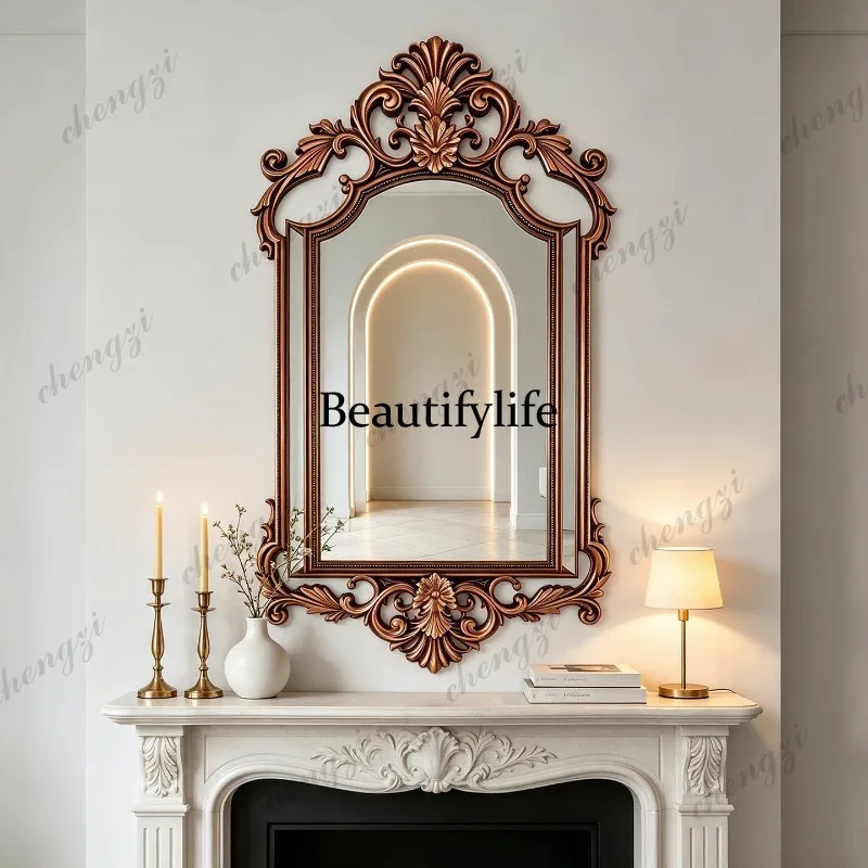 French retro carved bathroom mirror American wall-mounted cosmetic mirror fireplace porch decorative mirror