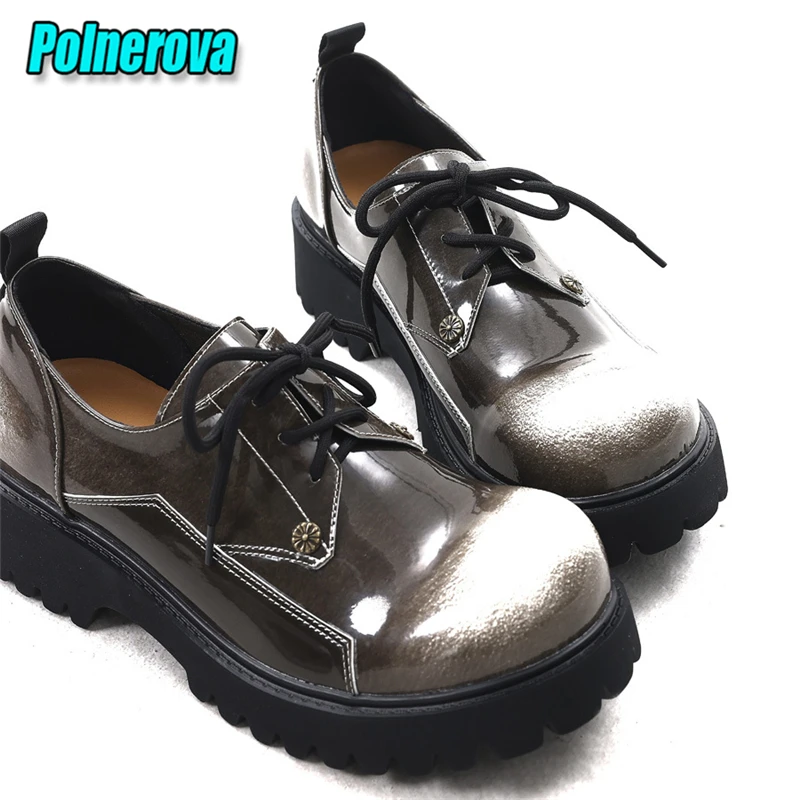 

Retro Patent Leather Derby Shoes for Men Fashion Chunky Heel Couple Casual Shoes British Style Round Toe Lace-Up Pumps Big Size