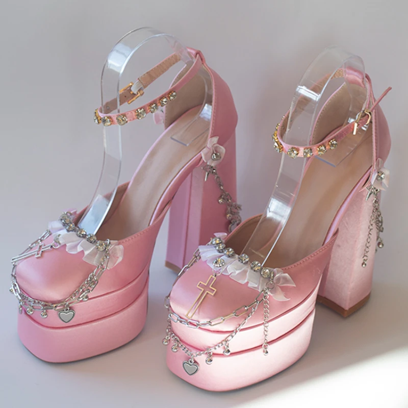 Salto alto de plataforma lolita para mulheres, feito à mão, estilo japonês, salto alto sólido, sapatos femininos de luxo, primavera, verão