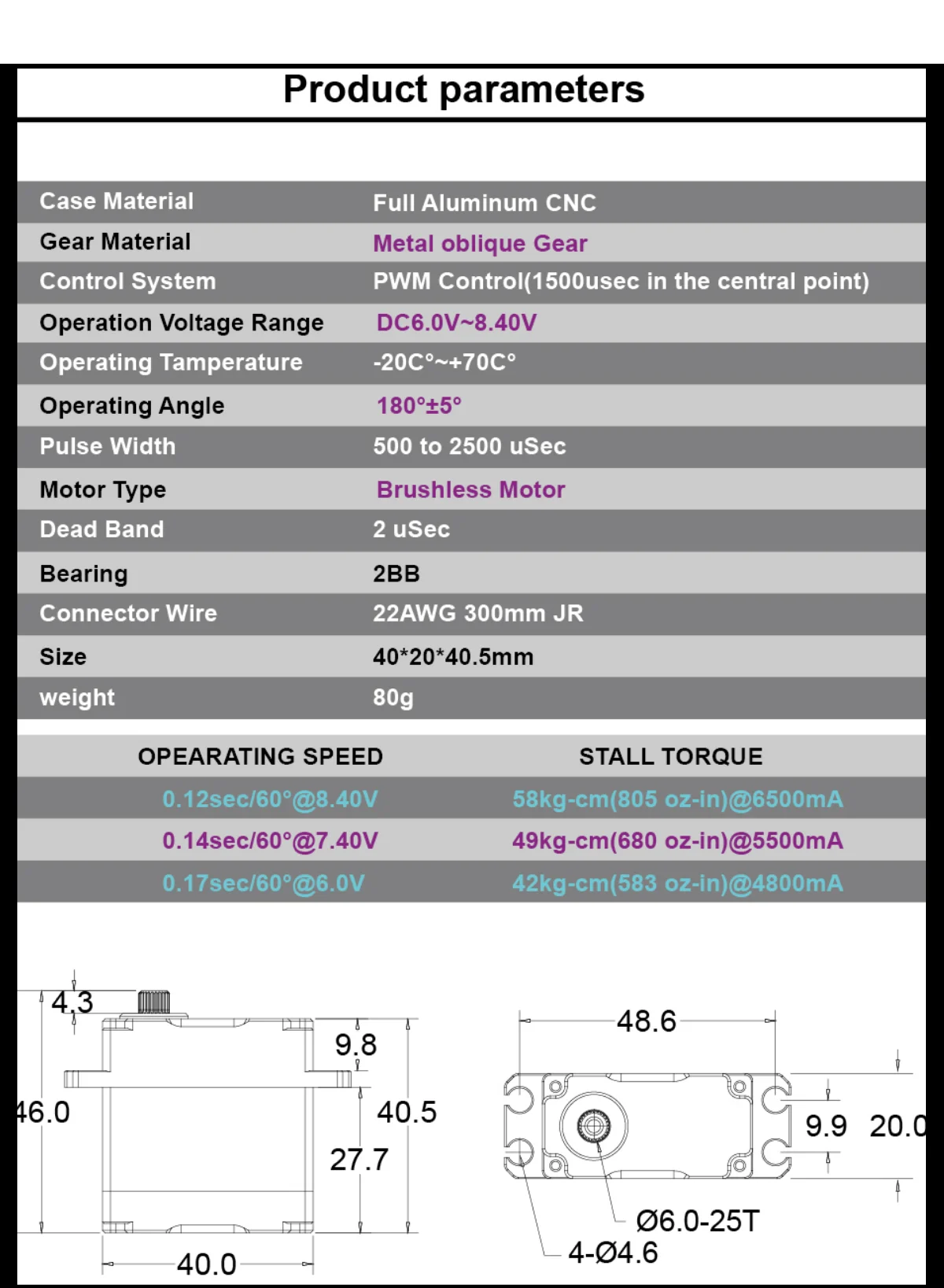 YANTRS 55 kg 8,4 V bürstenloser Servomotor, IP67, wasserdicht, digitales Servo mit hohem Drehmoment und Stahl-Spiralgetriebe, 0,12 S-Reaktionszeit