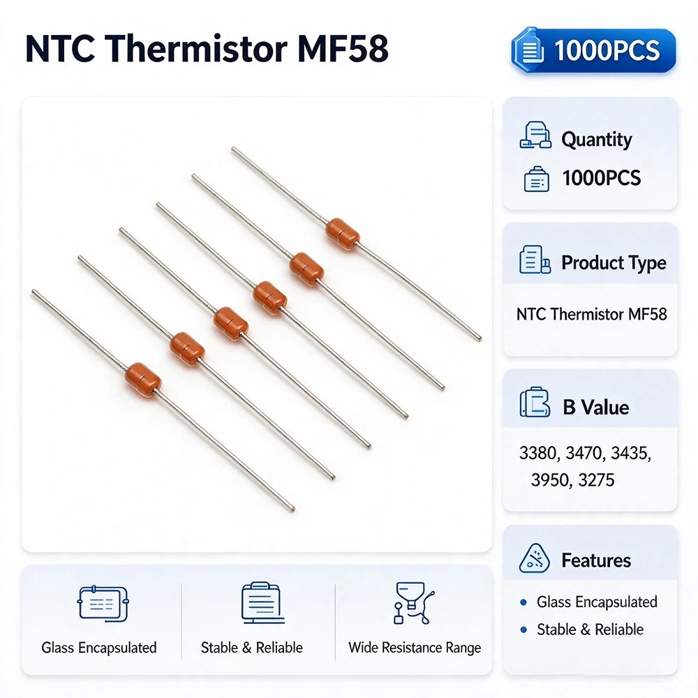 1000PCS Glass Sealed NTC Thermistor MF58 - B3950 1% 5K 10K 20K 47K 50K 100K 500K Ohm Negative Temperature Coefficient Sensor