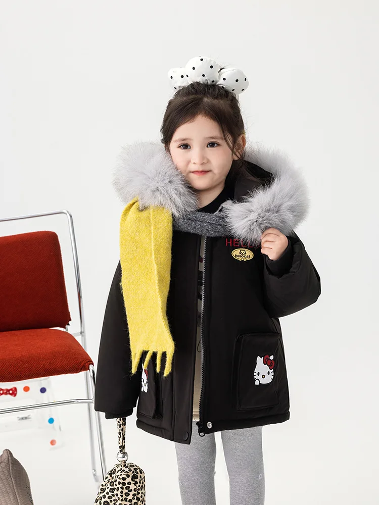 

Faux Fur Collar Hooded Fleece Coat For Girl Cute HelloKitty Printed Thicken Overcoat Fashion Winter Kid's Outdoor Warm Jacket