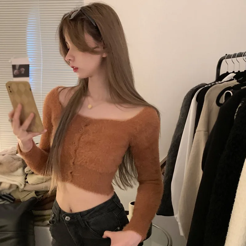 Women's Cropped Cardigan Sweaters Female Slim Expose Navel Plush Top Solid Color Square Neck Long Sleeves Cardigan Knitted Top