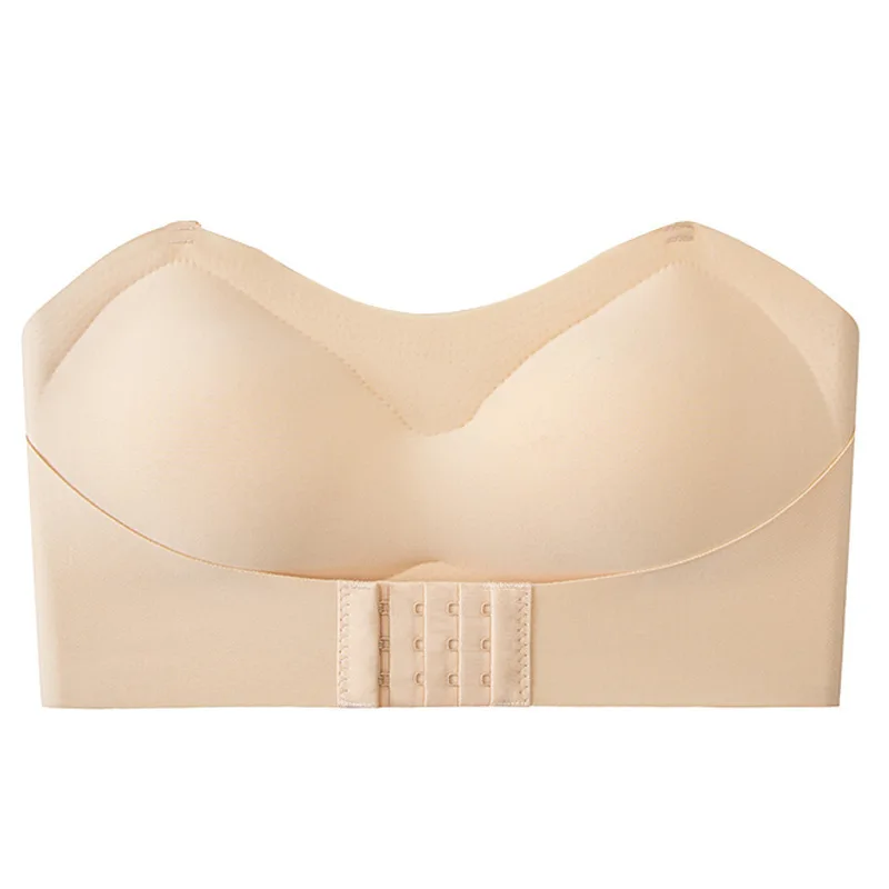 Tubo superior sem alças antiderrapante botão frontal roupa interior pequeno peito push-up fino sem anel de aço sutiã sem costas