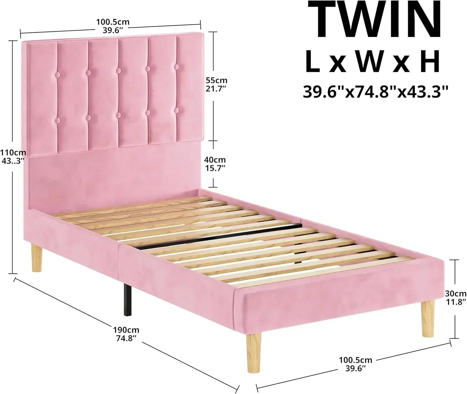 Twin Bed Frames, Velvet Upholstered Platform Bed Frame with Headboard and Strong Wooden Slats, No Box Spring Needed/Noise-Free/E