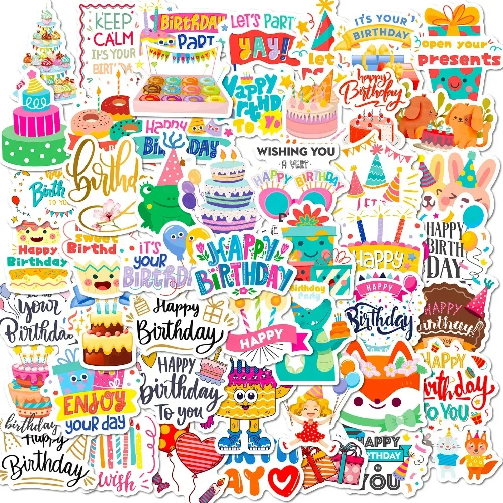 50pcs Happy Birthday Party Stickers Aesthetic Phone Wall Scrapbook Motorcycle Waterproof Cartoon Sticker for Kids Toys Gifts