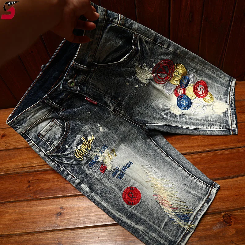 High-End Trendy Embroidery Denim Shorts Men's Hole & Patch Personalized Stretch Slim Fit Fashion Casual Motorcycle Fifth Pants