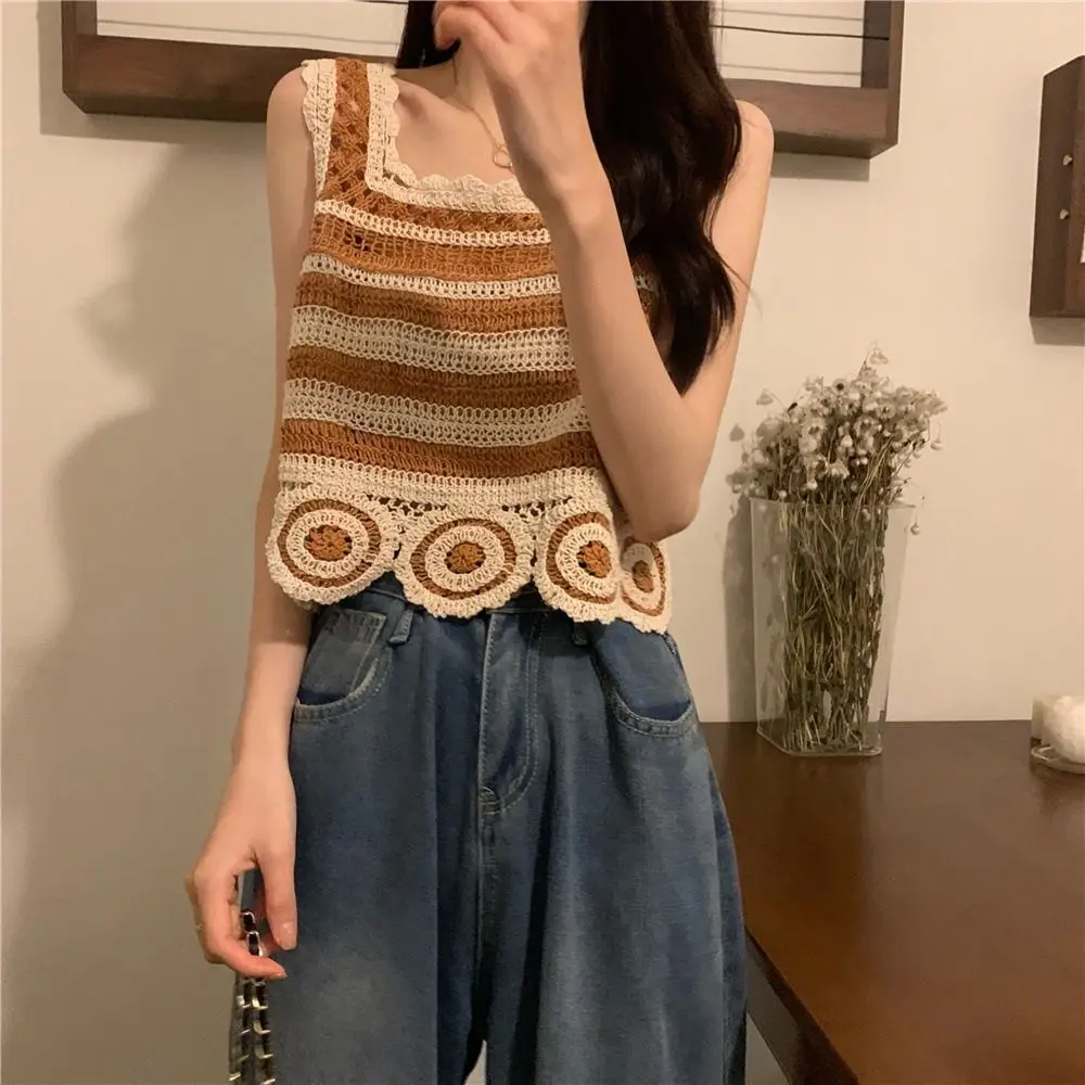 جديد ريترو المحاصيل الأعلى التطريز نمط محبوك تانك الأعلى أنيقة الصيف سترة دون أكمام المرأة #4